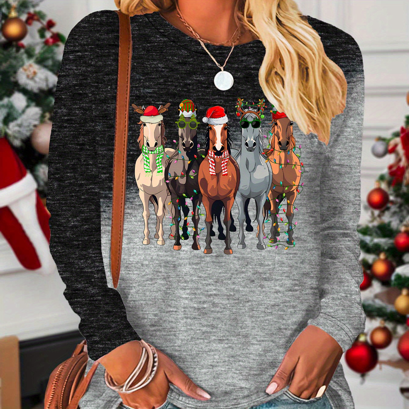 

Festive Christmas Horse Print Long Sleeve T-shirt - Gradient Color, Crew Neck, Stretchy Polyester , Parties & Casual Attire