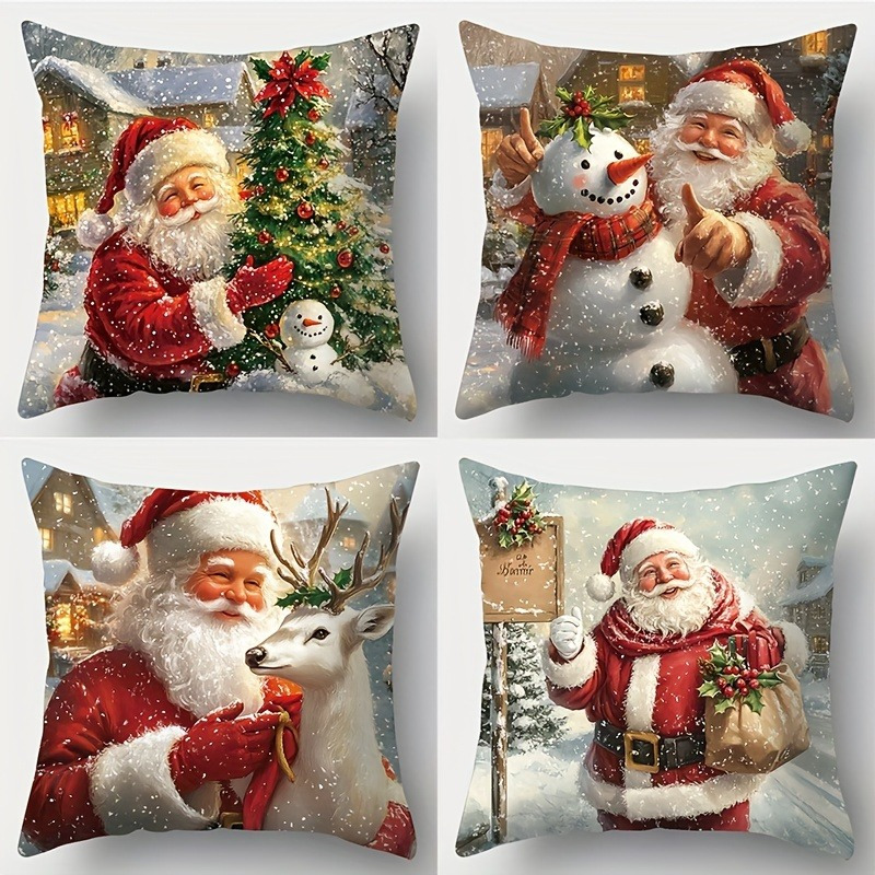 

Santa And Reindeer Patterned Throw Pillow Covers 4-pack, Soft Plush Polyester Cushion Cases With Zipper Closure, Contemporary For Sofa, Bed, Home, Office, And Car Decor - Machine Washable