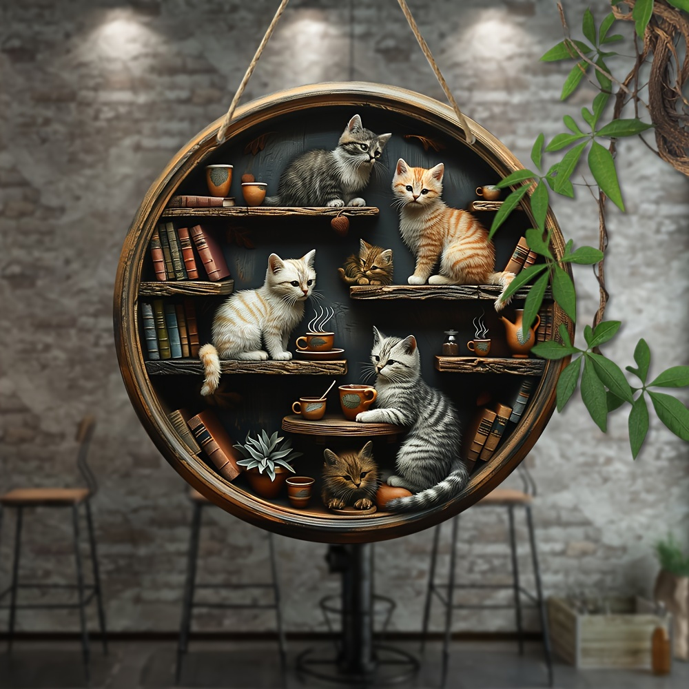 

1pc Cat Lover Round Wooden 8"x8", In Library , Multifunctional Indoor Wall Decoration, Perfect Gift , Family, Room, Door Decoration