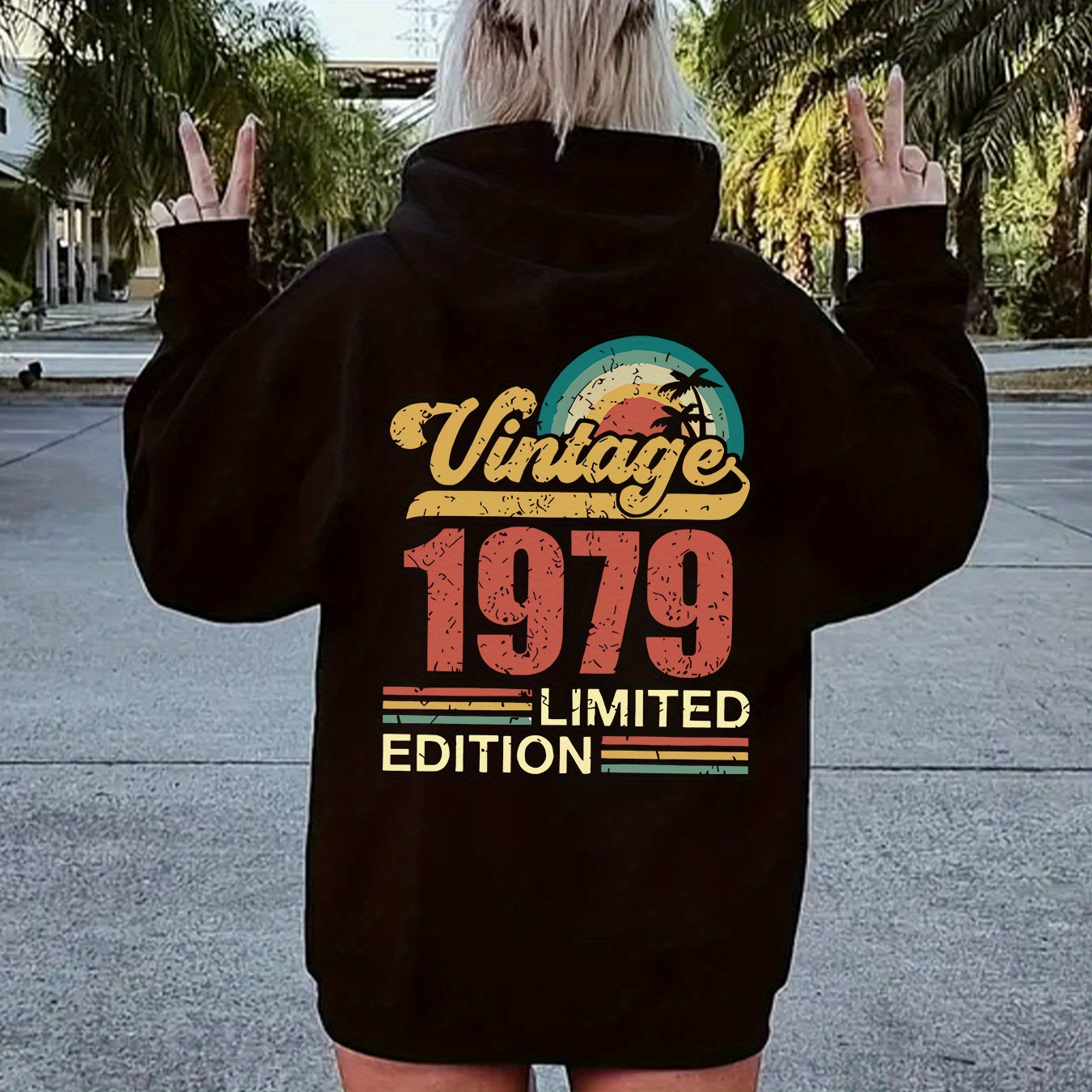 

Women's Casual 1979 Letter Print Hoodie - Drawstring, Long Sleeve Pullover For Fall & Winter, Machine Washable