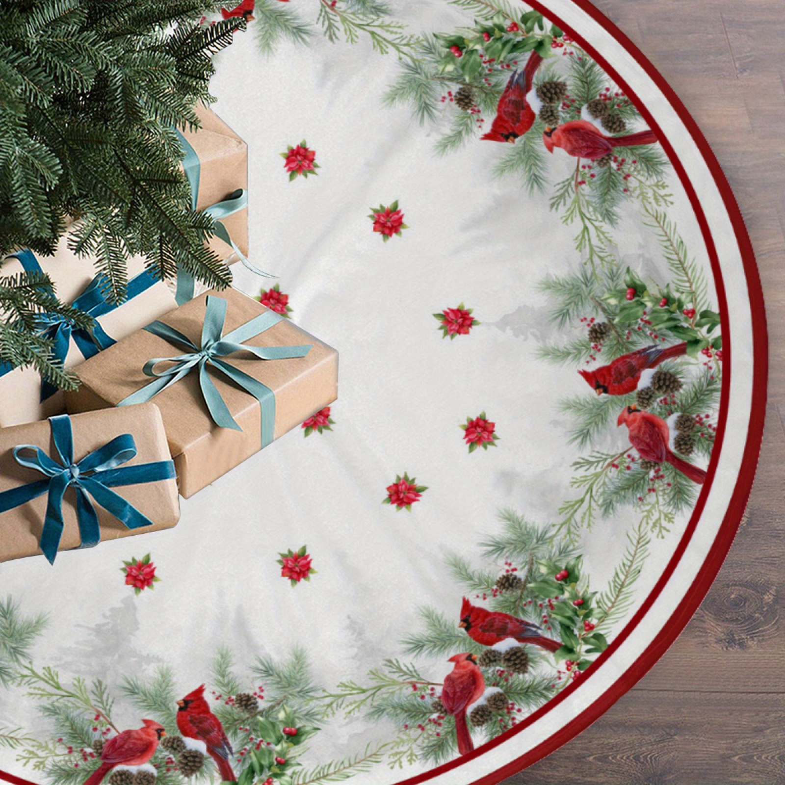 

Merry Christmas Tree Skirt With Red Trim - Pine Bough, & Holly Design For Indoor/outdoor Holiday Decor