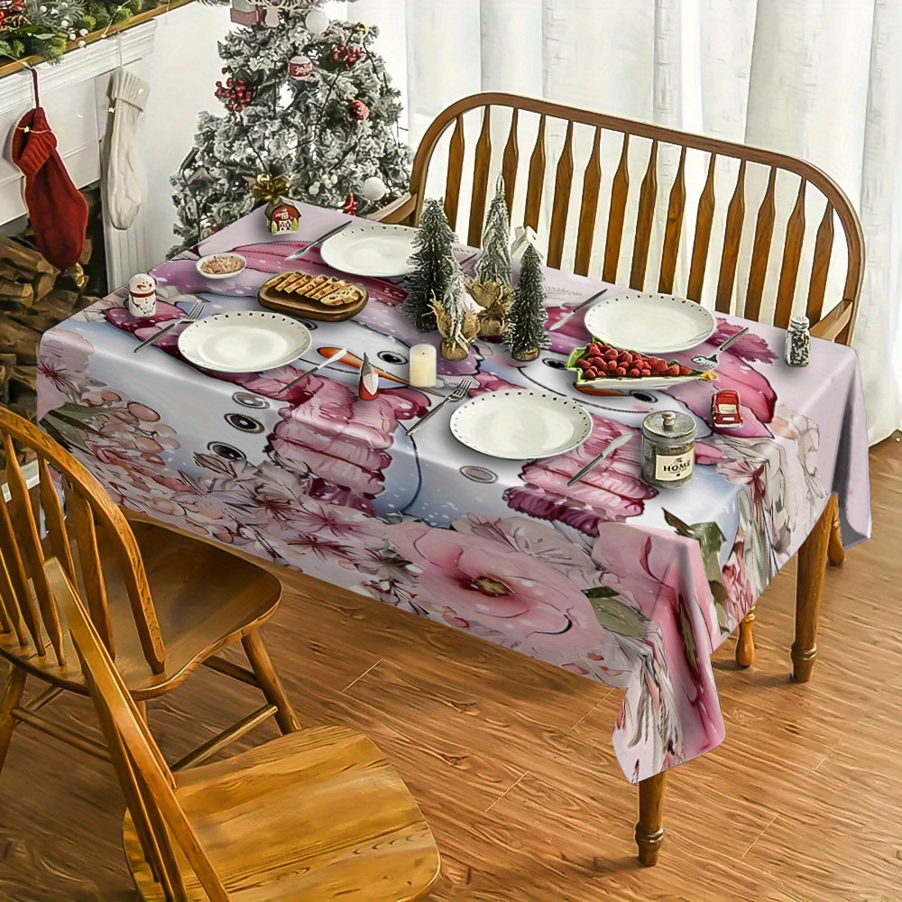 

Christmas Theme Polyester Tablecloth, Machine-made Knit Table Cover, Rectangular Holiday Decoration, Home Decor Tablecloth With Snowman And Poinsettia Design, Seasonal Dining Table Accessory