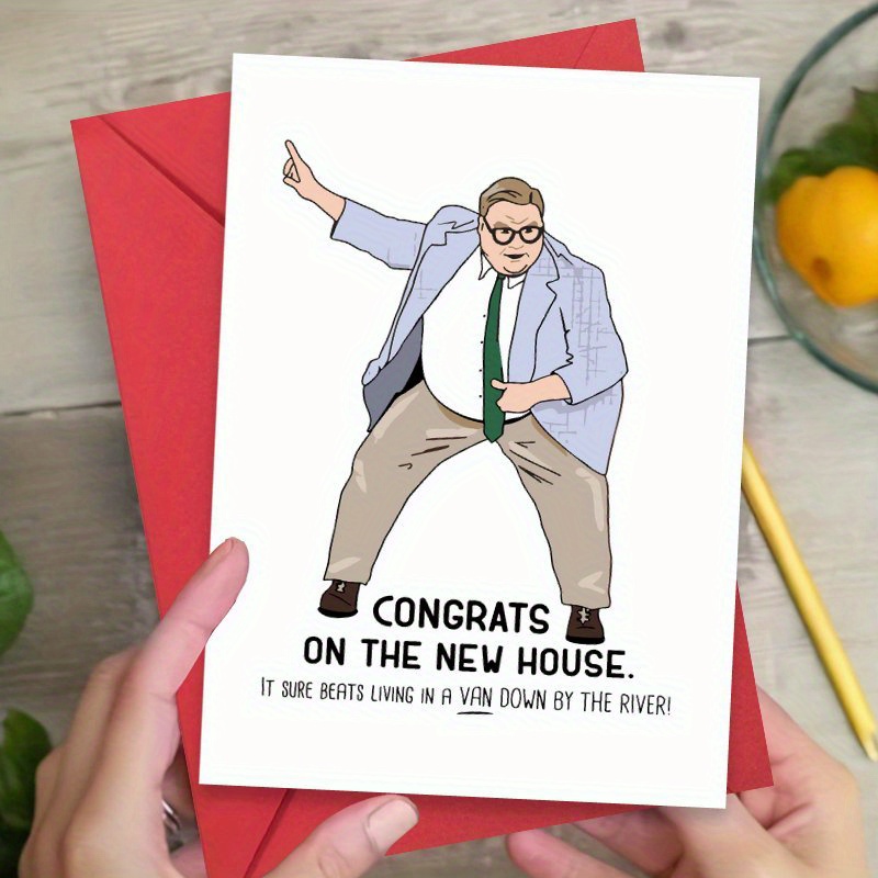 

1pc Humorous Housewarming Greeting Card - New Homeowner Good Luck Wishes, Universal Recipient, Includes Envelope - Van-down-by-the-river Design