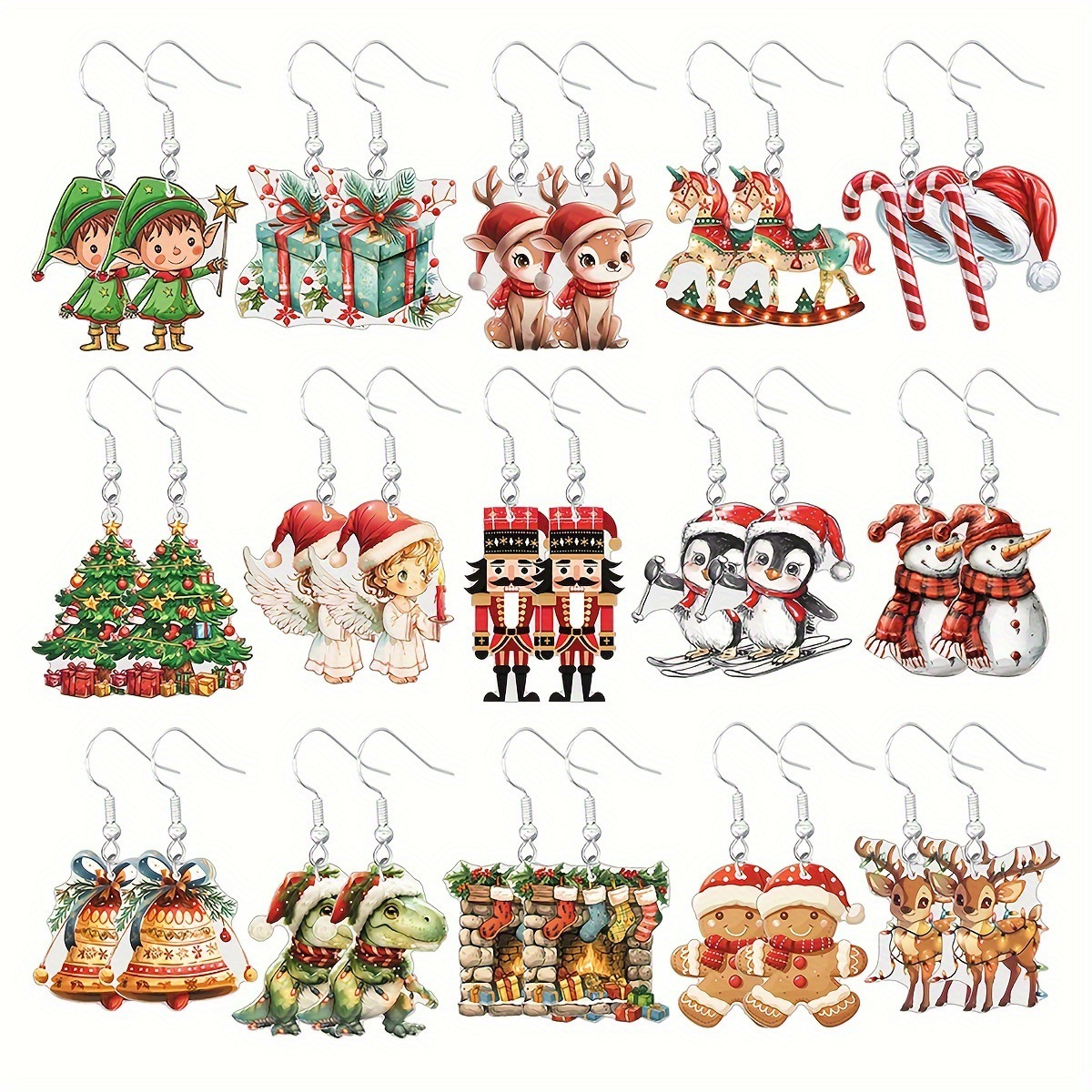 

15 Pairs Of Christmas Cartoon Earrings, Cute Acrylic Dangle Earrings, Santa Claus Snowman Elk Animal Pattern Holiday Earrings, Party Favors