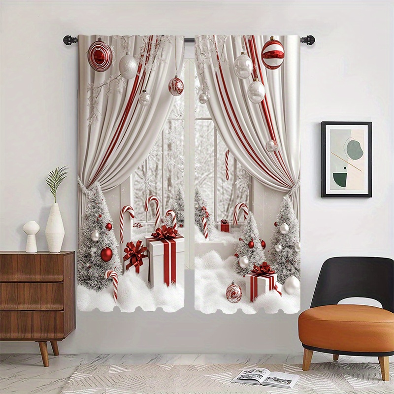 

2pcs Set Christmas Curtains - , Washable & For Home Decor | Lightweight, Ventilated Design For Insulation, & Dimming