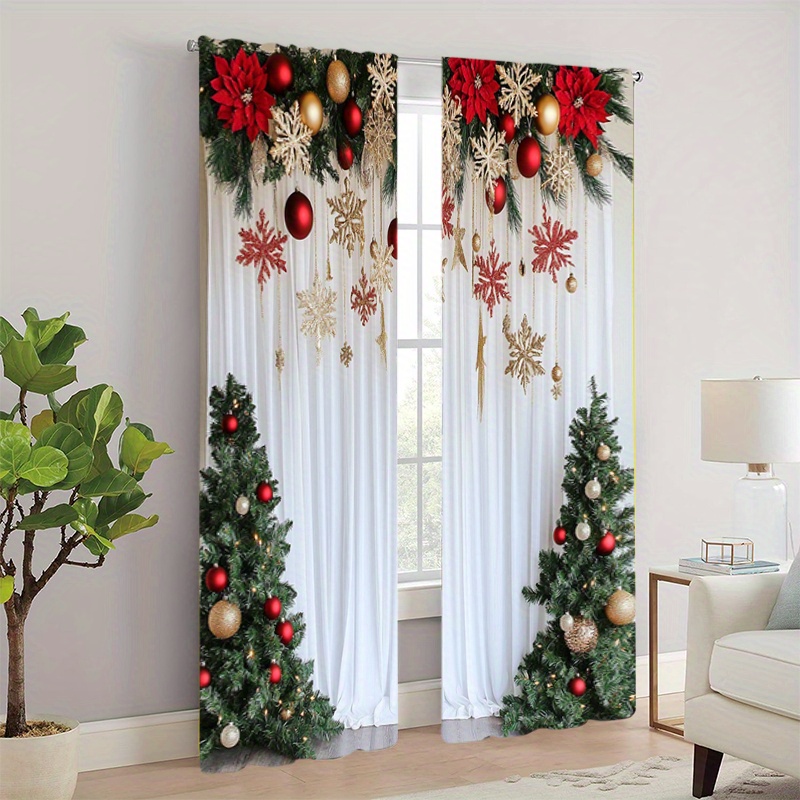 

2pcs Christmas And Ornaments Printed Curtains, , , , To , , Ventilated, Insulating, Reducing, Dimming, No Battery Needed, For Decor