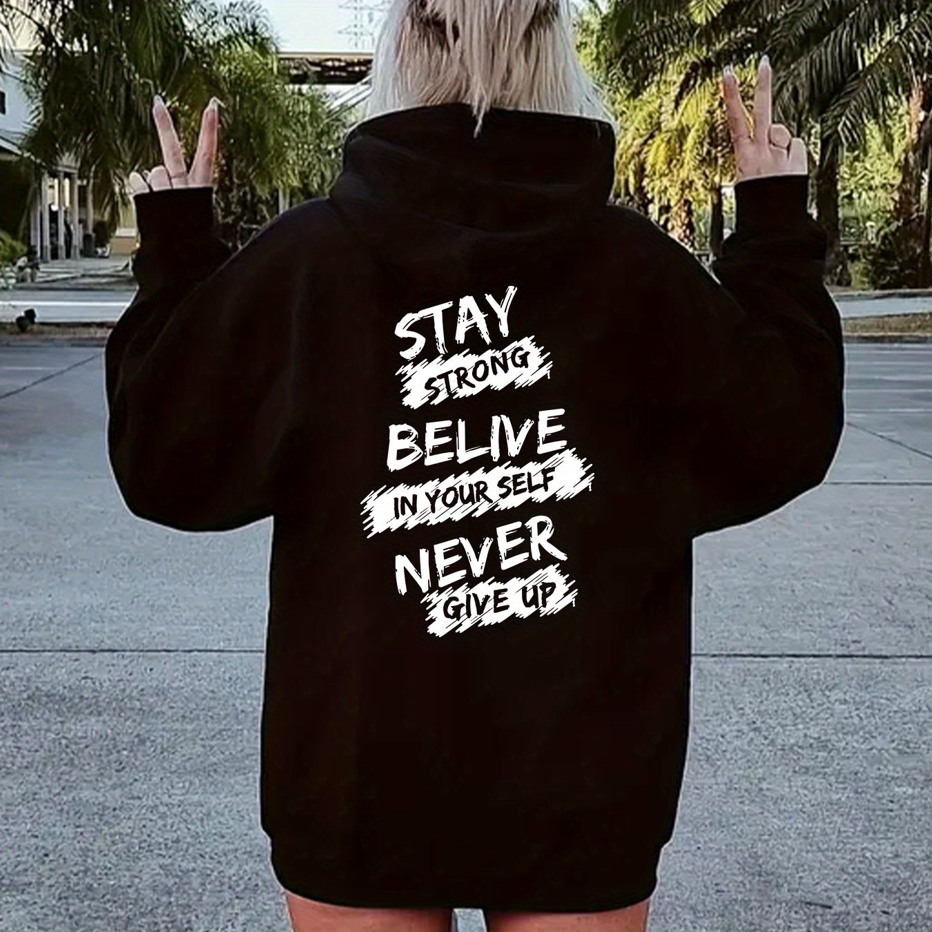 

Women's " " Inspirational Letter Print Hoodie - Casual Black Pullover With Drawstring, Long Sleeves & Kangaroo Pocket For Fall/winter, 100% Polyester, Machine Washable