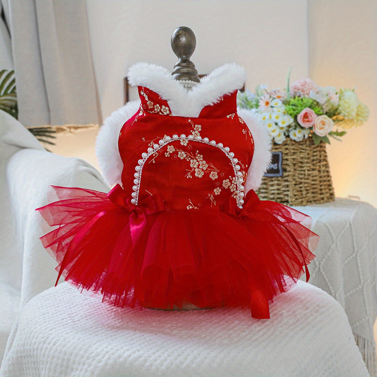 TEMU 1pc Red Chinese Style Dog Dress With Tulle Skirt - Warm Fleece-lined Knitted Princess Costume For Small Breeds With Press-on Buckle Closure