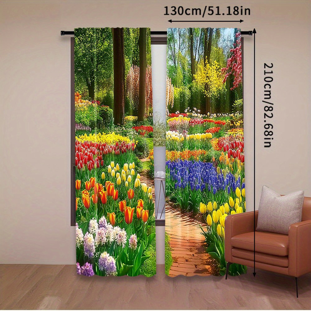 TEMU 2pcs Window Curtains - Colorful Floral Tree Landscape Print Blackout Drapes, 100% Polyester Rod Pocket Curtains For Living Room & Bedroom,