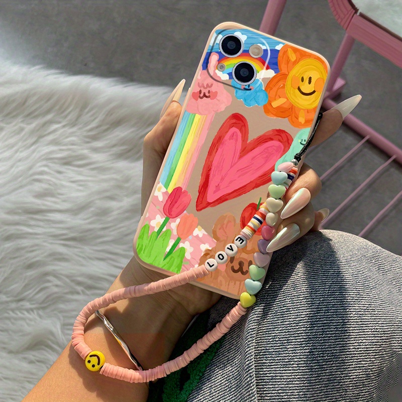 TEMU Custodia per telefono - per Iphone 16 Pro Max Lusso Cordino Silicone Multicolore Motivo Pittura a Olio Custodia per telefono per Iphone 11 13 15