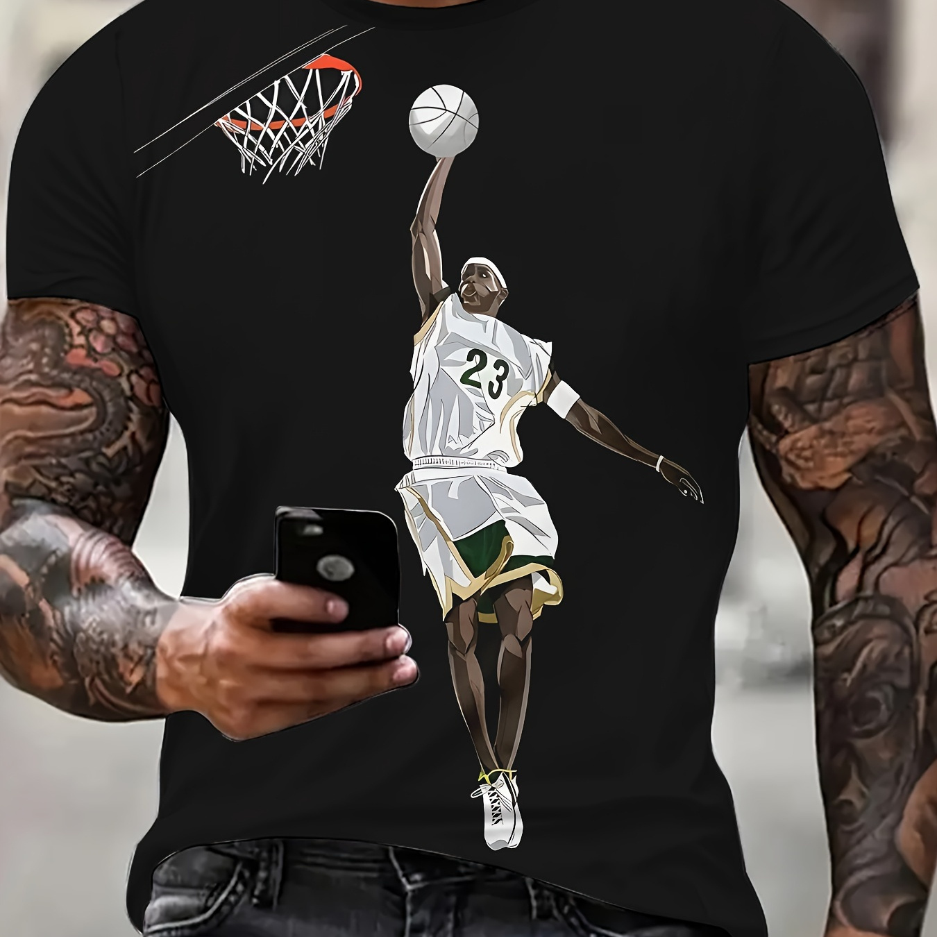 

Men's Graphic Basketball Player T-shirt - Casual Crew Neck, 100% Polyester, Slight Stretch, Knit Fabric, Regular Fit, Short Sleeve Tee With Printed Design - Black