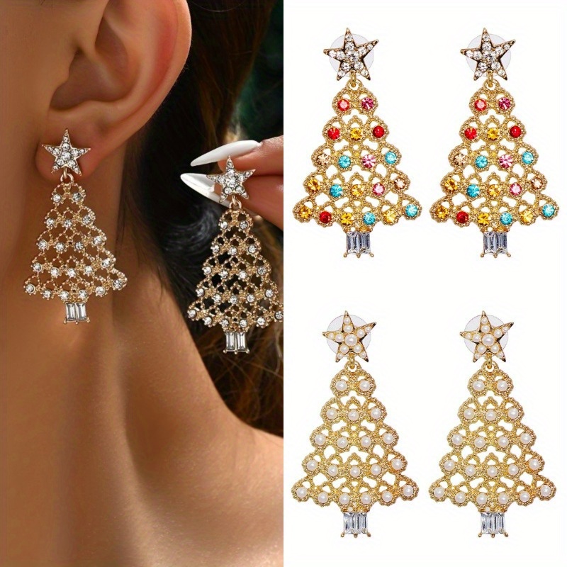 

1 Pair, 3 Pairs Of Chic Hollow Christmas Tree Pendant Earrings With Sparkling Rhinestones, Alloy Earrings, Suitable For Casual And Celebrations