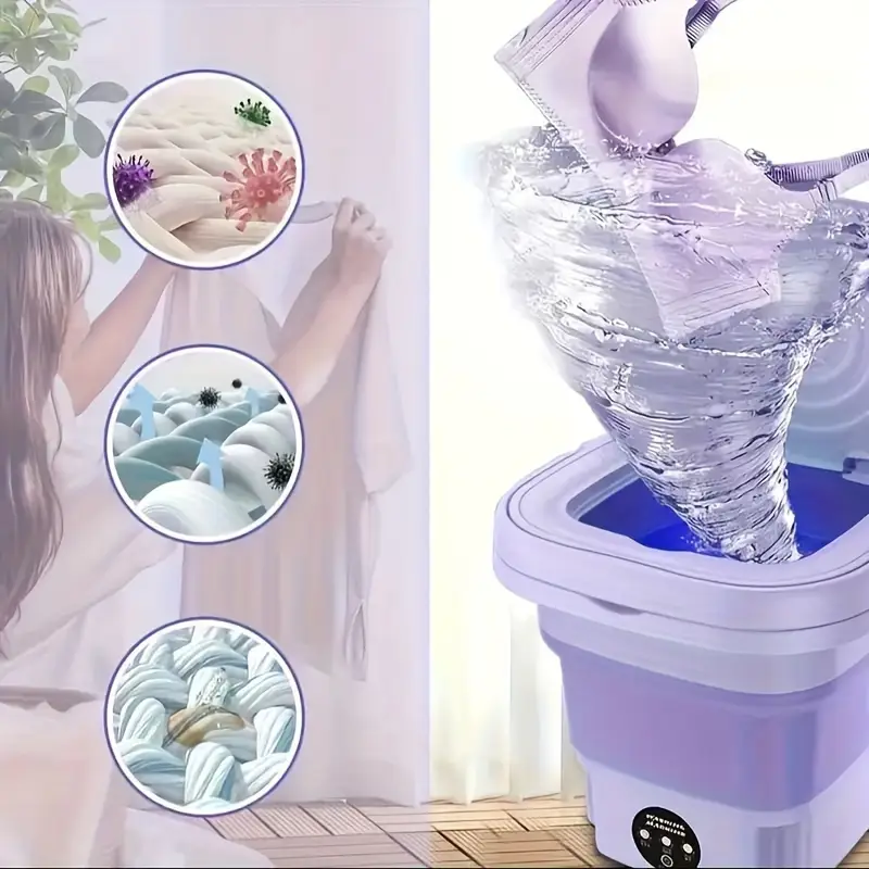 1 compact foldable washing machine suitable for car travel and   use space saving design for small spaces a portable appliance ideal for washing underwear socks and other delicate items on the go Product details 4