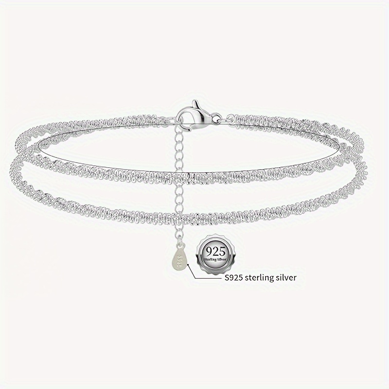 TEMU Elegant Double-layer 925 Sterling Silver Anklet - Sparkling For Everyday & Party Wear, Perfect Gift, Ankle Chain, Summer Jewelry Item
