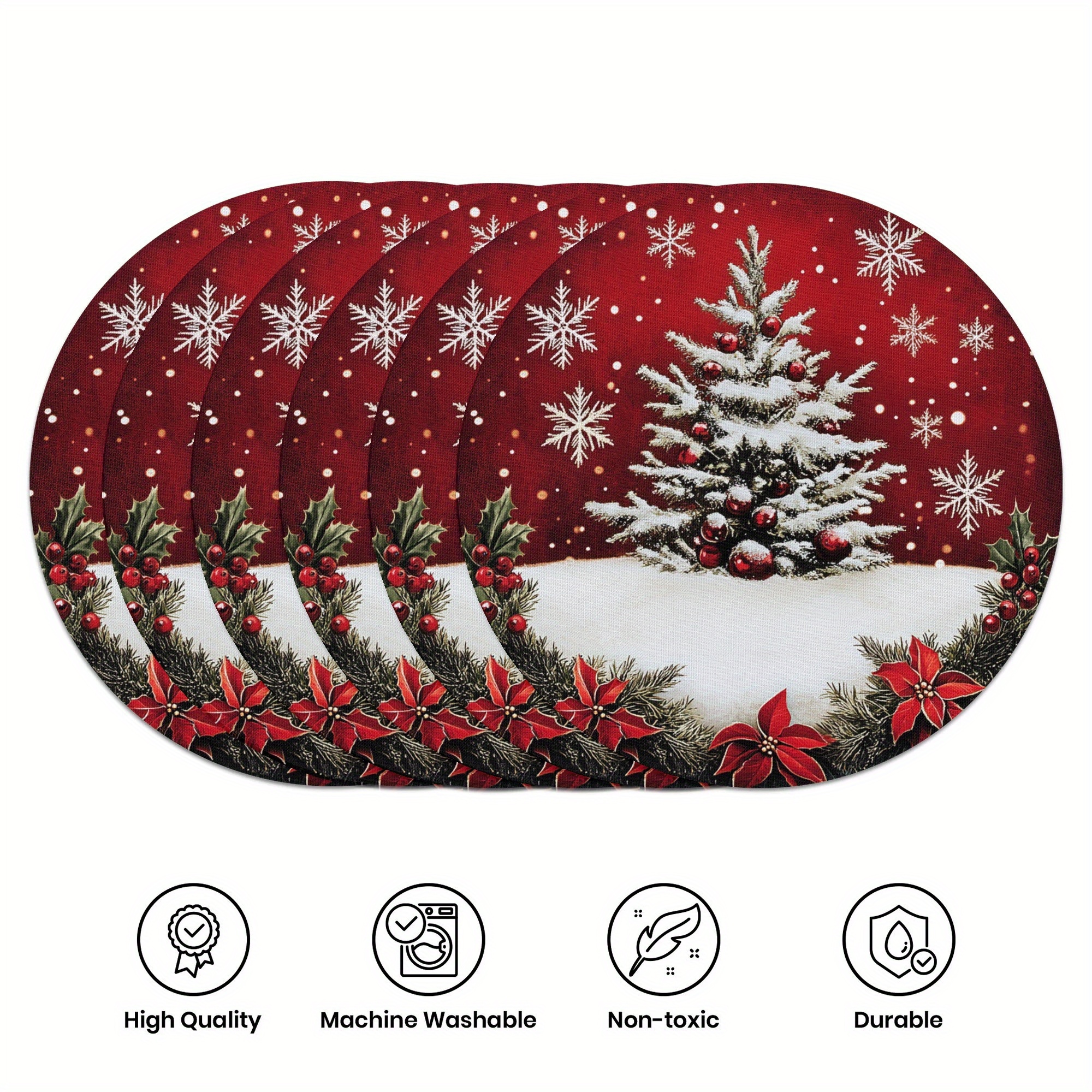 

6-piece Christmas Placemat Set - 15" Round Polyester Woven Table Mats With Snowflake & Pine Cone Design, Hand Wash Only, Anti-slip & Heat-resistant For Holiday Dining Decor