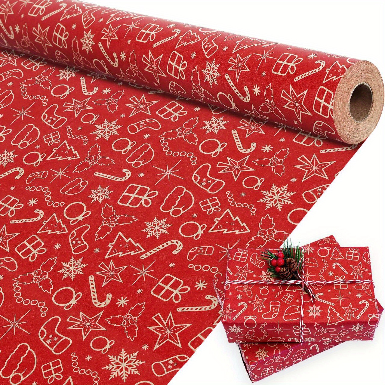 

Christmas Gift Wrap Paper Roll - 17x590 Inch Red Paper With , Christmas Hats, Stockings, Trees Designs - Cartoon Patterned Paper For Holiday , Gift Wrapping For Men And Women - Christmas Decorations