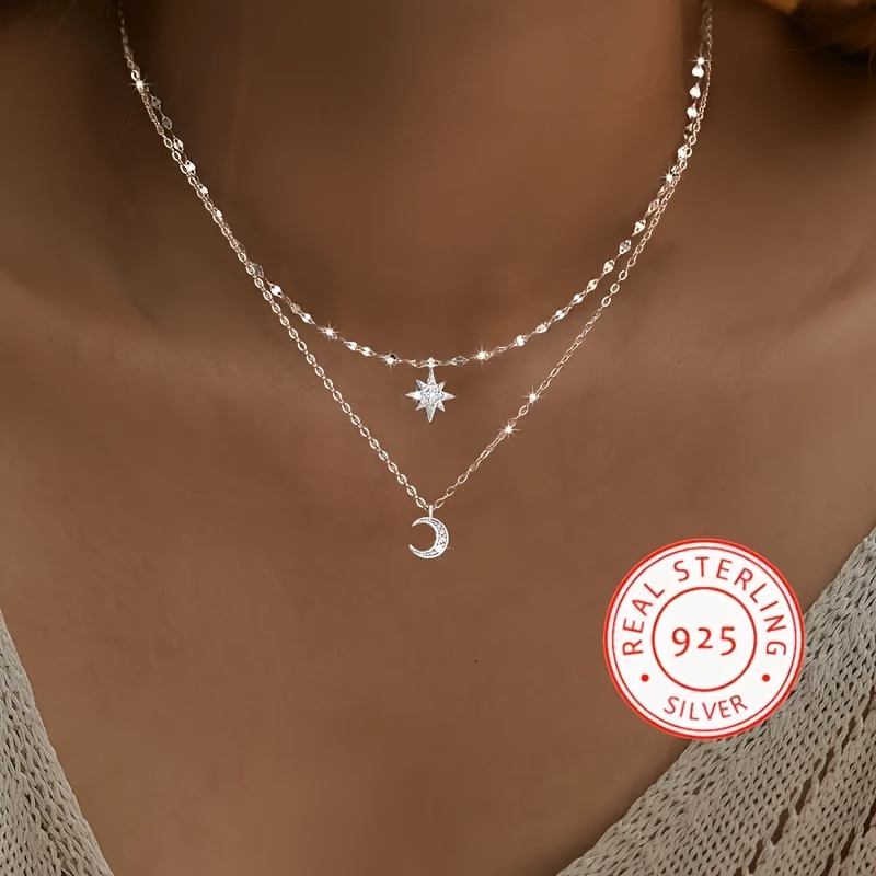 TEMU New Product New 2pcs Set 925 Sterling Silvery 2-in-1 Laminated Necklace, Star And Moon Necklace, Ladies And Laminated Chain Necklace