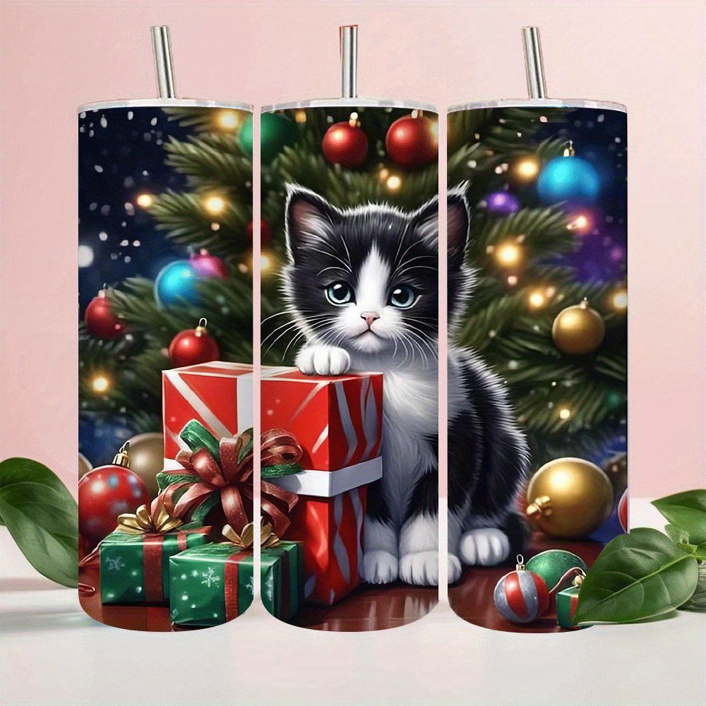 

1pc Christmas Kitten 20oz Stainless Steel Insulated With Straw, Sweat-free, Drinks Hot/cold, Ideal Gift , Family, And Coffee Enthusiasts