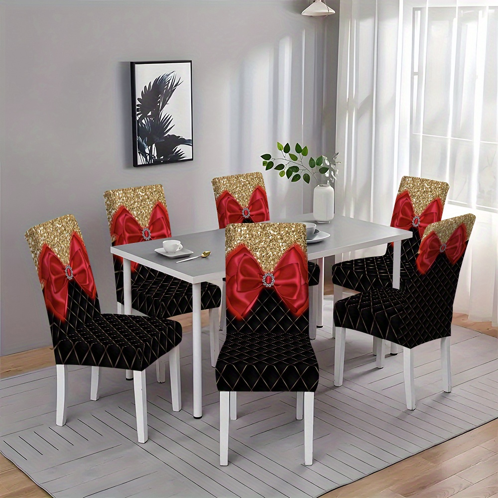 

Contemporary Bowknot Print Chair Slipcovers - 2/4/6pcs Set, Polyester Dining Chair Covers, , , Home Decorative Chair Protectors For