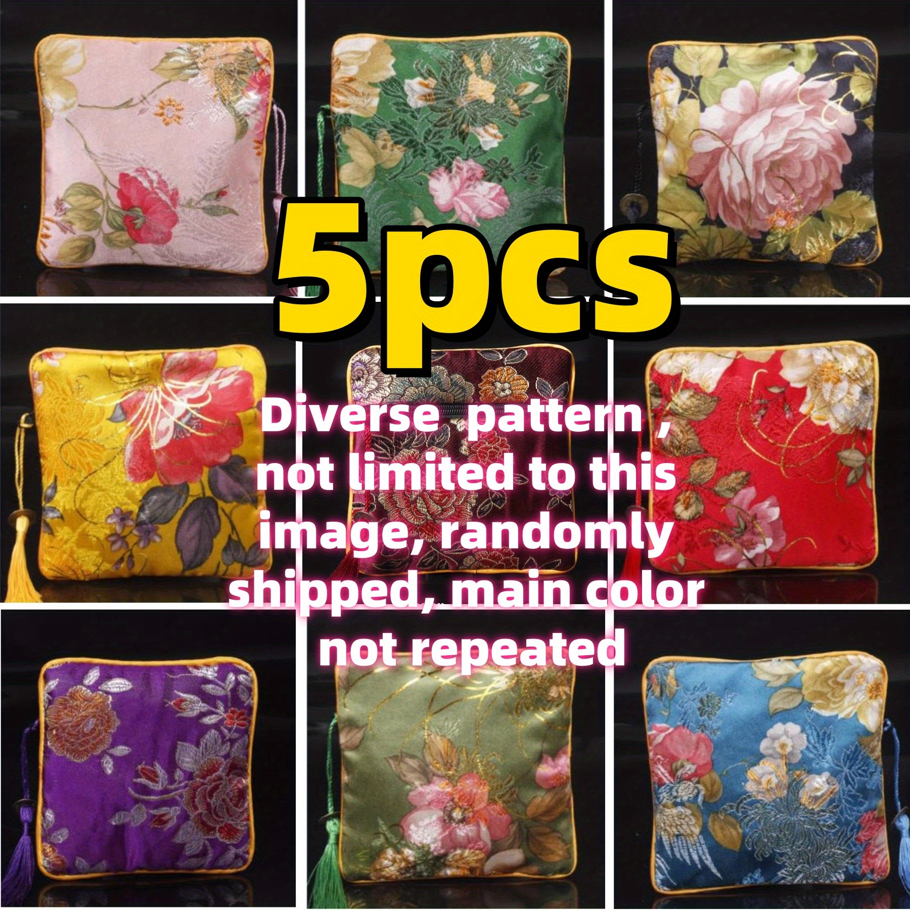 TEMU 5pcs Traditional Chinese Style Jewelry Pouches Set - Handcrafted, Zippered Fabric Storage Bags For Accessories & Gifts