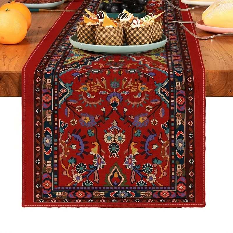 TEMU Bohemian Polyester Table - Ethnic Pattern, Linen- Dining Decor For Room &