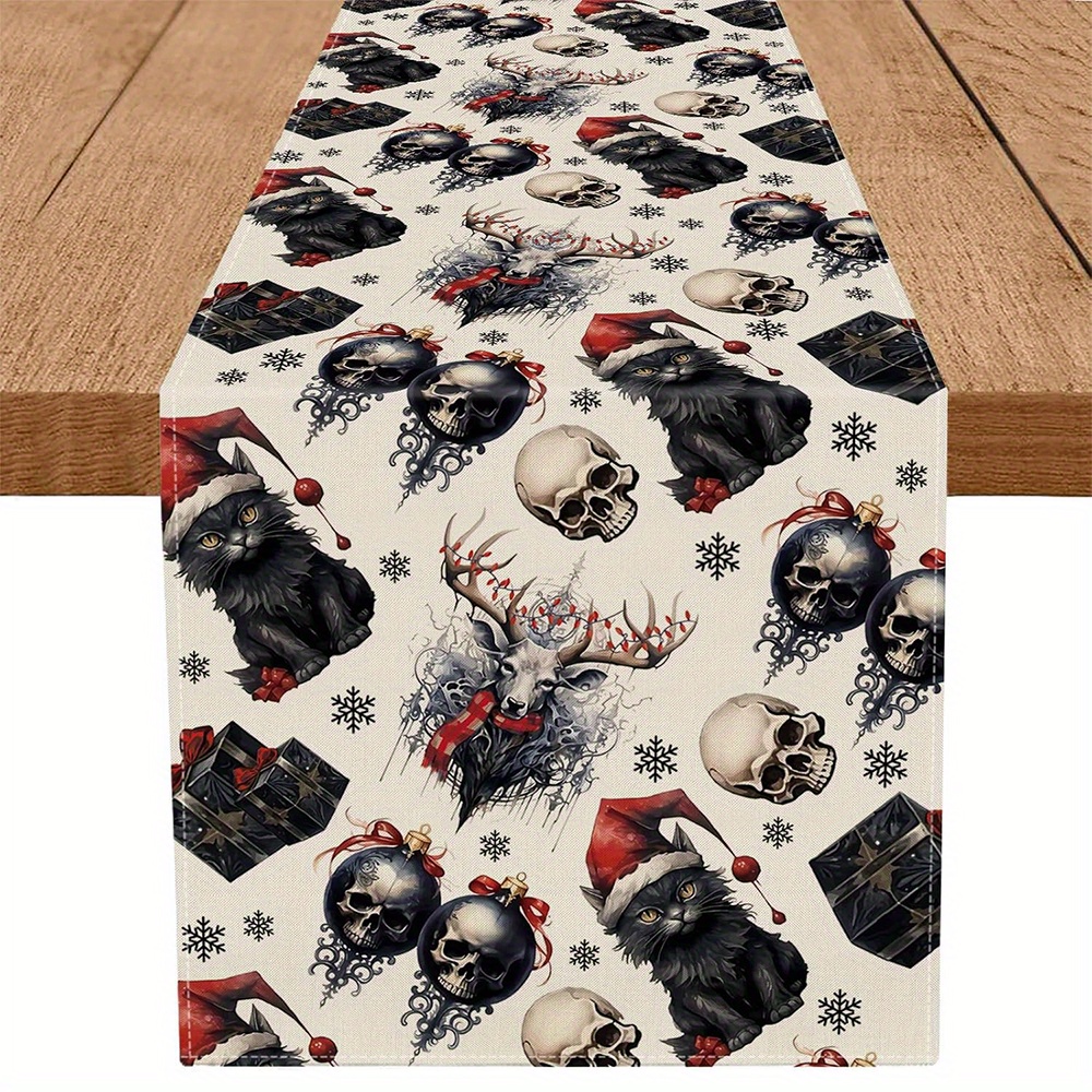 

1pc Gothic Christmas Table Runner - Vintage Black Cat & With Snowflakes, 13 X 72 Inches, Polyester, Seasonal Kitchen Decor, Outdoor Parties & Indoor Room Accents