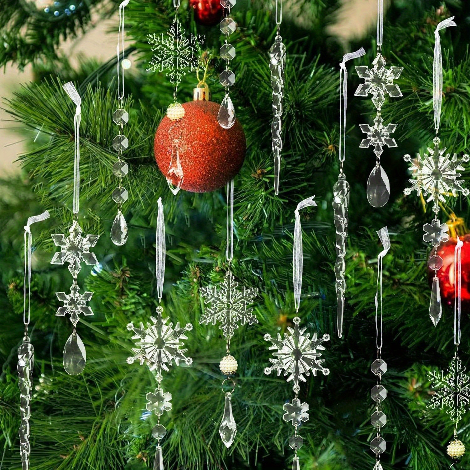 

18pcs Christmas Tree Decoration Crystal Ornaments - Hanging Acrylic Christmas Icicle Drop Crystal Ornaments For Christmas Tree Winter New Year Party Supplies