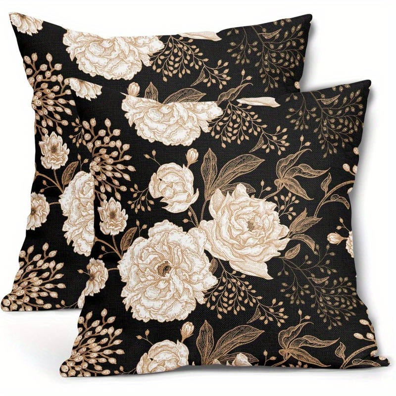 

2pcs Vintage Peony & Rose Floral Pillowcases 18x18 Inch - Elegant Black & , Zippered Polyester Covers For Home Decor (inserts Not Included)