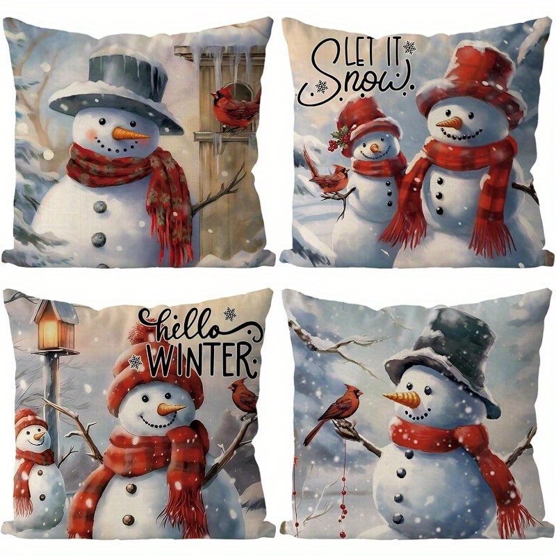 

4pcs 18x18 Inch Snowman Christmas Pillow Covers, Vintage Winter Home Decor, Polyester Sofa Cushion Cases, Contemporary Style, Multiple Room , Zipper Closure, Hand Wash Only