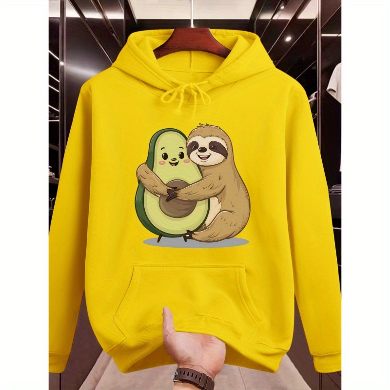 

Men's Casual Hoodie With Avocado And Sloth Print, 100% Polyester Knit Fabric, Long Sleeve, Regular Fit, Stretch, Fall/ Top, Gift For Men