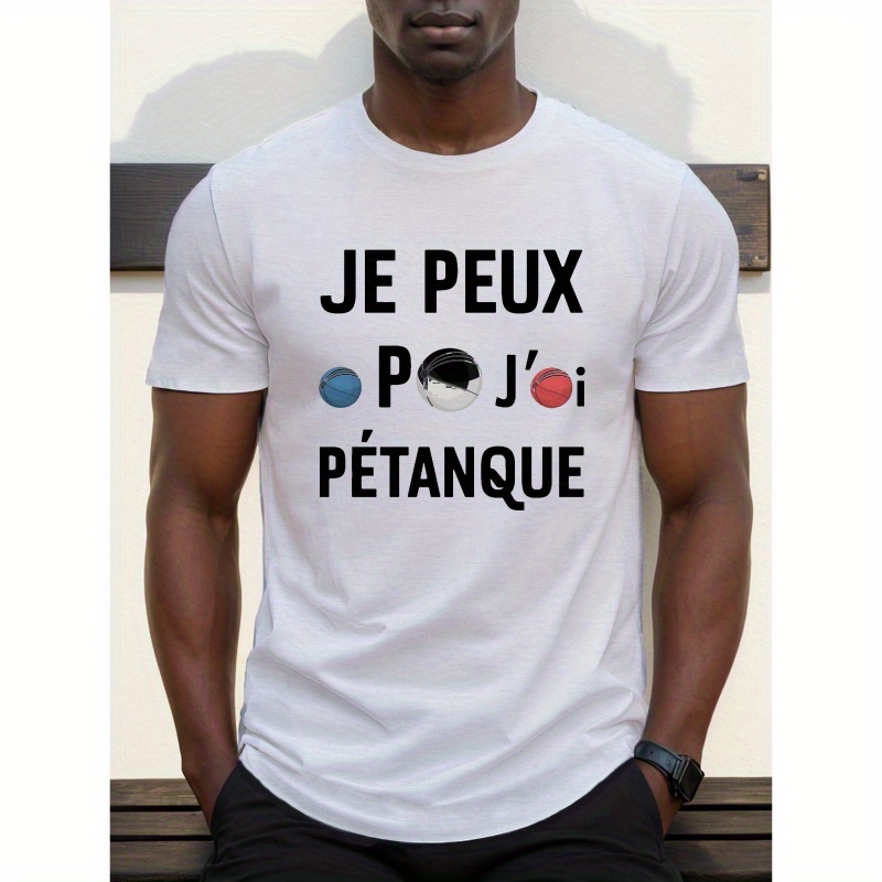 

1pc T-shirt décontracté à col rond pour homme avec imprimé " J'i Pétanque", 100% polyester tricoté, légèrement extensible, motif géométrique, coupe regular pour l'été