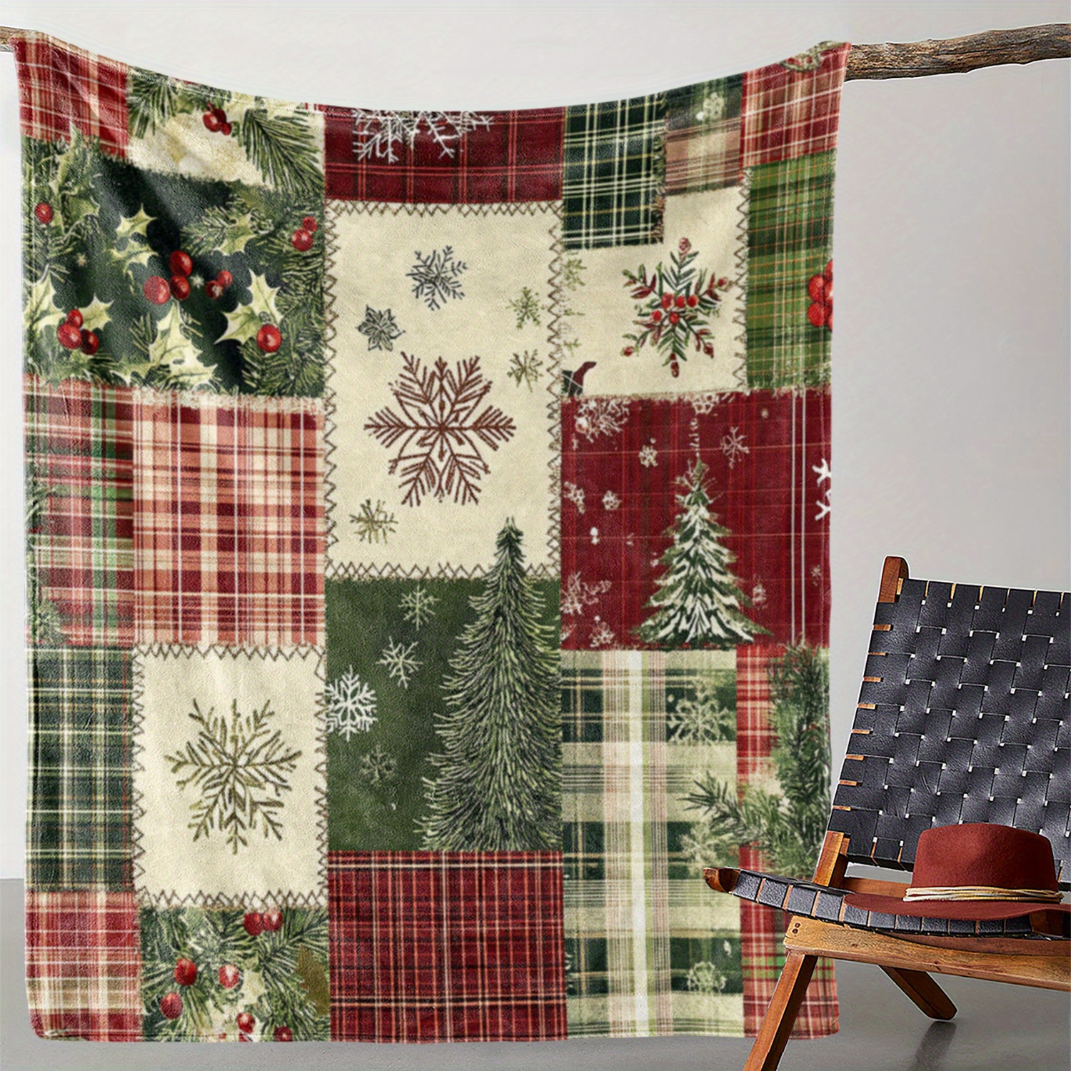 TEMU Christmas   Blanket - Knitted Polyester, Trees, Snowflakes & Berries, & For , Bed, Car, , - Blanket 59x79