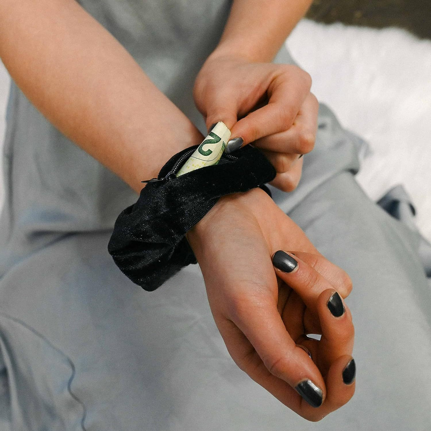 

Black Hair Scrunchie With Hidden Pocket - Conceal Money And Keys In Style, Non-waterproof Fabric