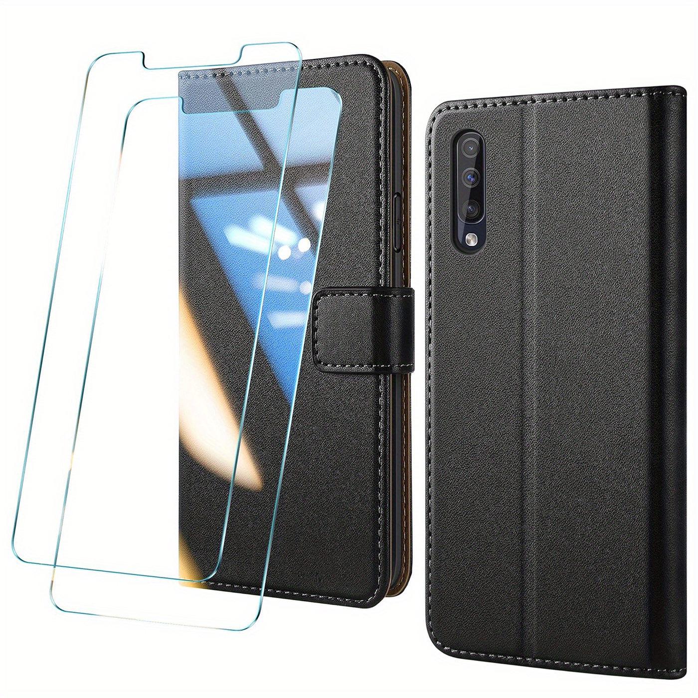 

Étui Portefeuille Noir pour Samsung A10 A30s A50 A50s M10 avec 2pcs Protecteur d'Écran en Verre Trempé, Support, Couverture de Protection en Similicuir à Rabat