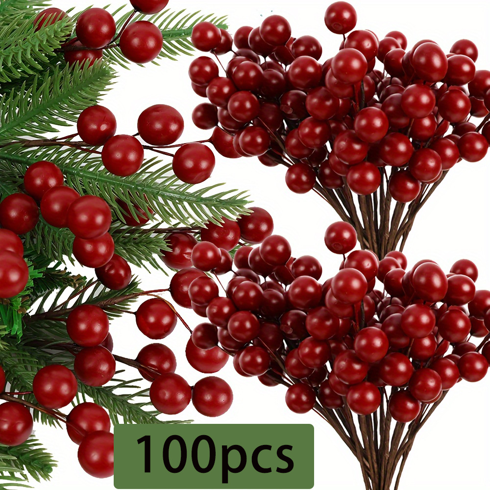 

100pcs Artificial For Souvenir Display, 100pcs Mini Fake Berries Decor On Wire For Christmas Tree Decorations Flower Wreath Diy Craft Use New Year