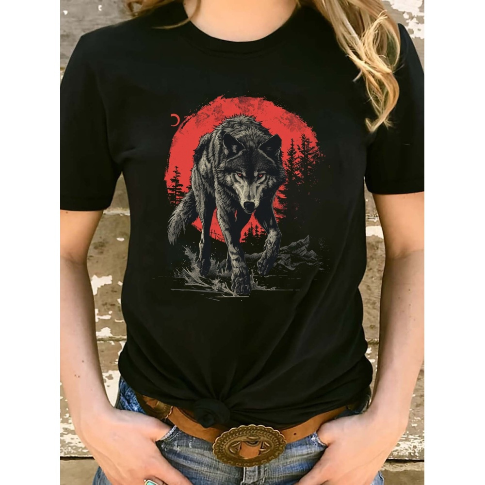 

Wolf Neck T-shirt, Casual Short Sleeve T-shirt For , Women's Clothing