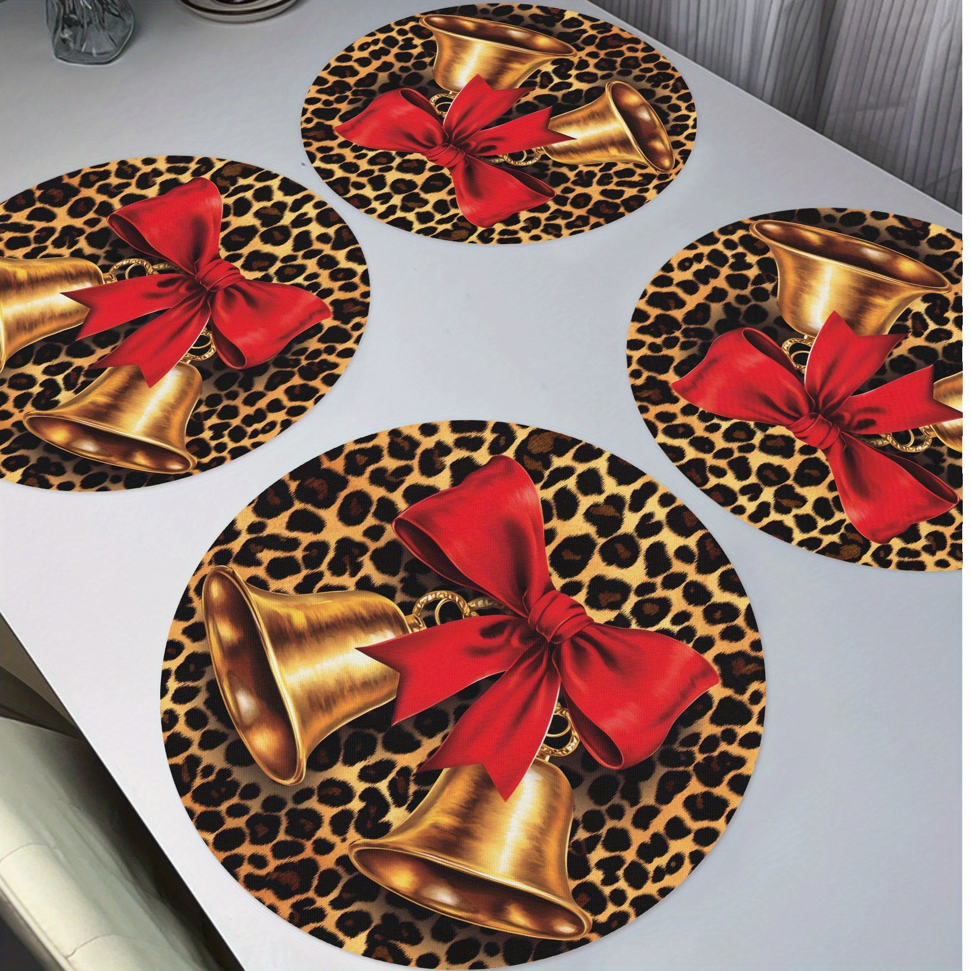 

Leopard Print Christmas Placemats With Red Bow And - 4pcs Round Polyester Table Mats, Hand Wash Only, Non-slip, Woven For Home Decor, Kitchen, Banquet, Party Dining Table Decorations