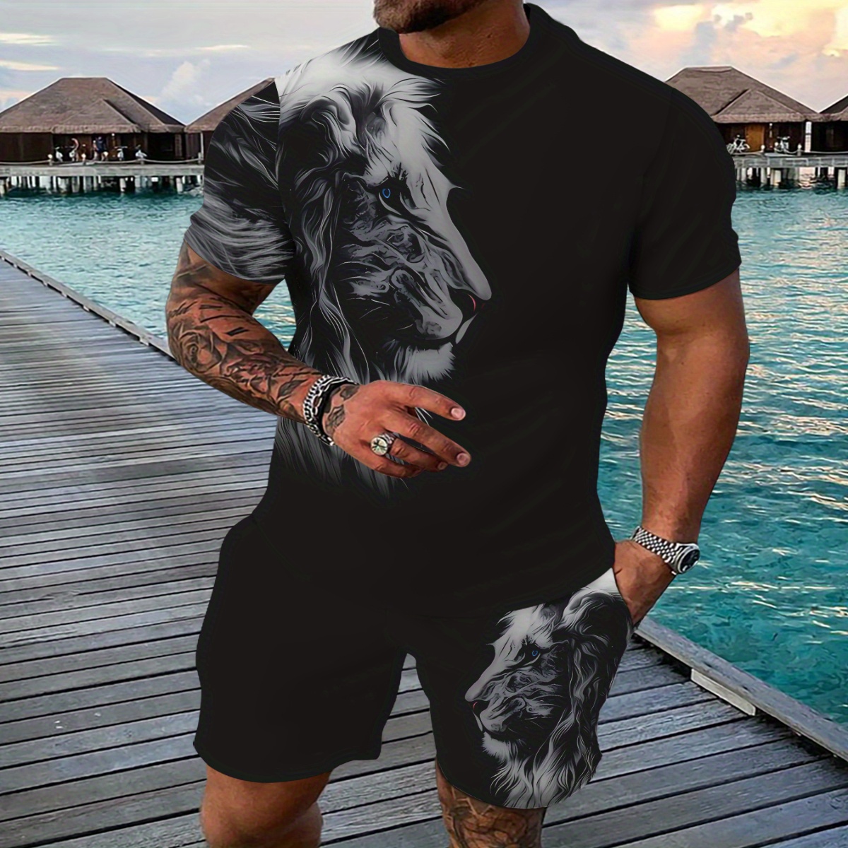 

Men's Summer Casual Sportswear Set - Breathable 3d Printed T-shirt & Shorts Combo, Stretchy Polyester , Machine Washable