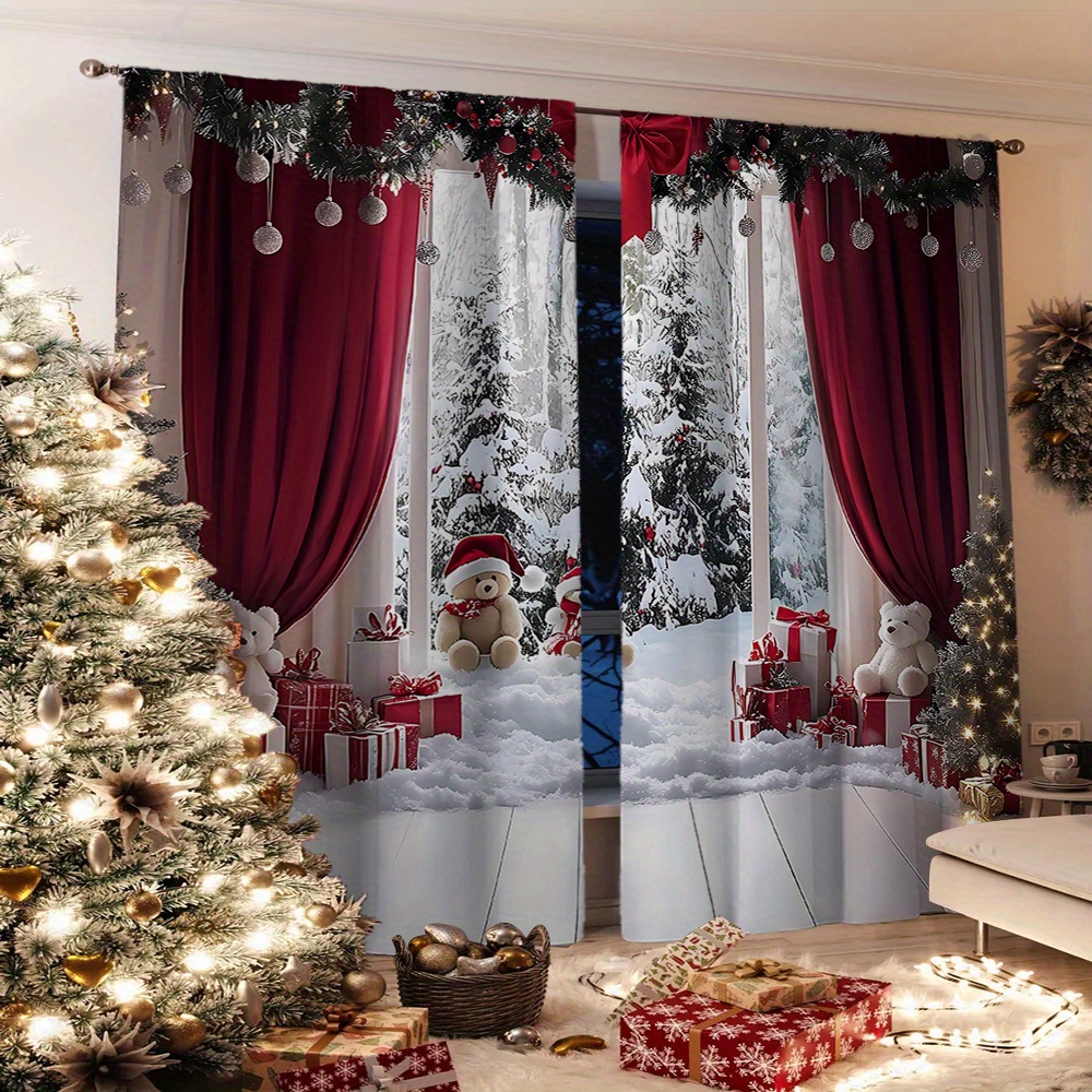 

2pcs Christmas Decorative Curtains - Contemporary Style Polyester Knit Drapes Without Rod - Machine Washable Winter Snow Scene And Tree For Rooms - Seasonal Family Holiday Decor