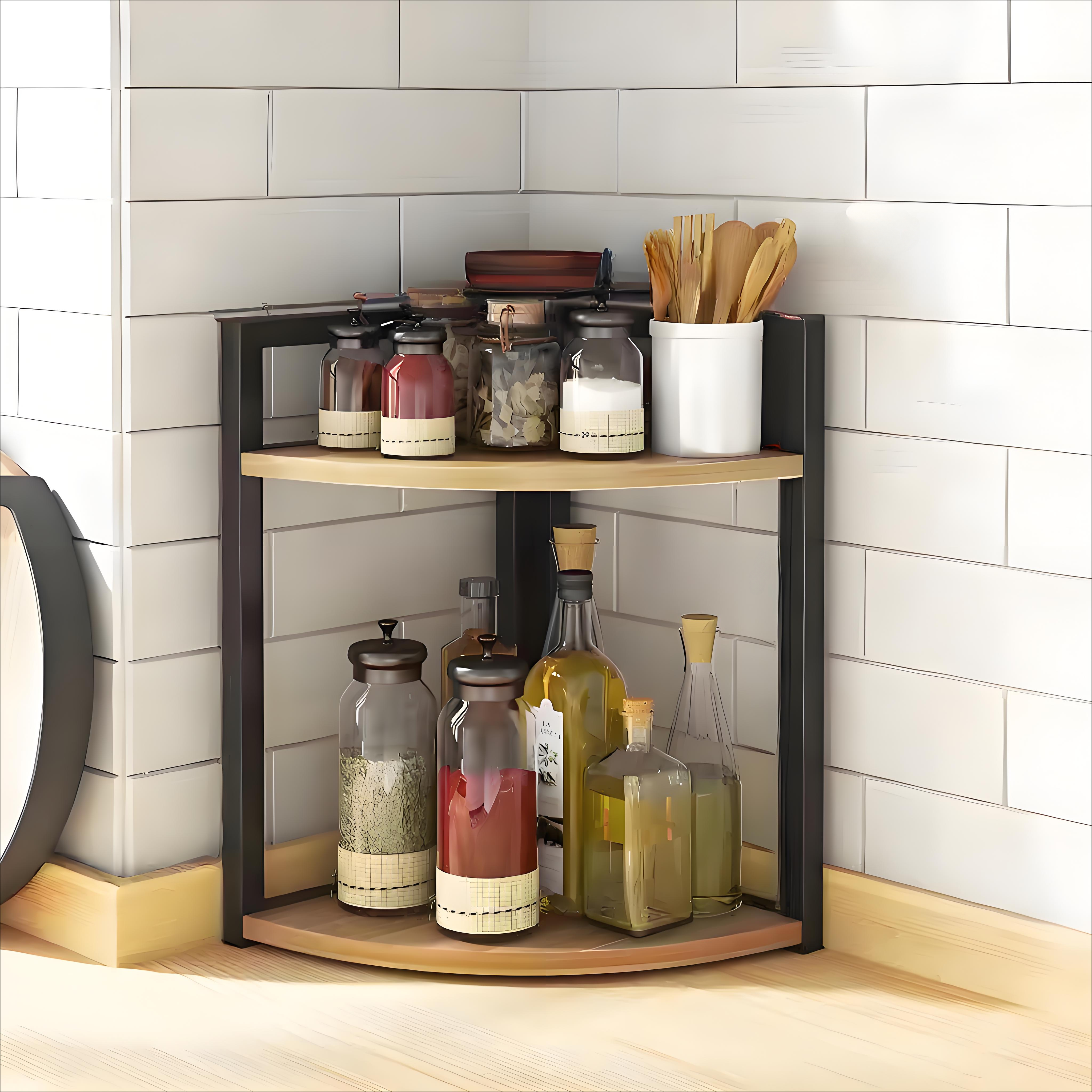 Corner-mounted Floor-standing Oil, Salt, And Vinegar Storage Rack, Shelving Unit, Corner Shelves