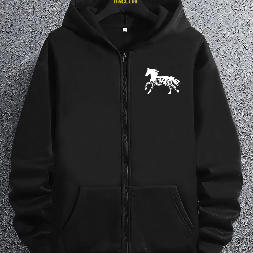 

Men' Hooded Zip-up Hoodie With Geometric Horse Pattern - Casual Knit Polyester Sweatshirt With Kangaroo Pocket - Stretch Regular Fit Long Sleeve Jacket