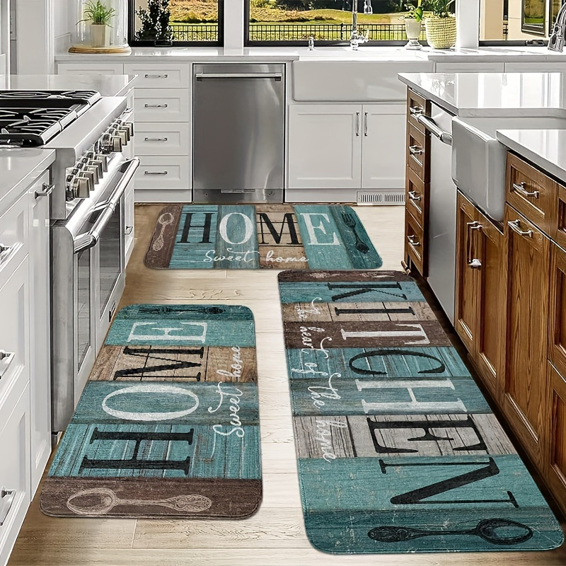 

2/3pcs Farmhouse Kitchen Mat Set , Brown & Teal - Soft, Non-slip, Machine Washable Mats With "home" Design For Kitchen, Bathroom, Bedroom & Living Room, Kitchen Floor Mat