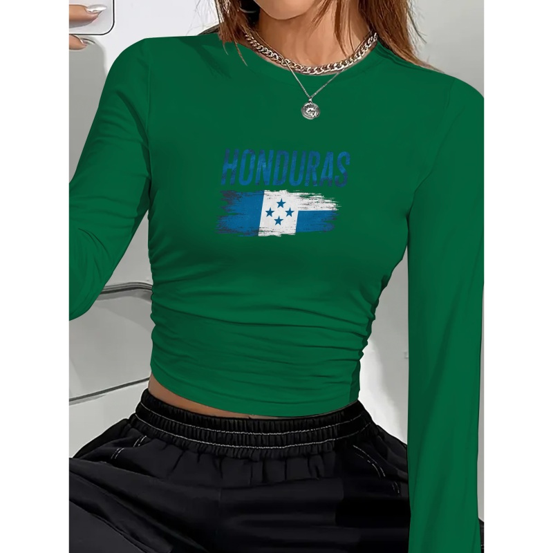 

Patriotic Honduras Women's Long Sleeve Shirt - Y2k Style, Stretchy Polyester-spandex , Crew Neck, Machine Washable, Green With Flag Print