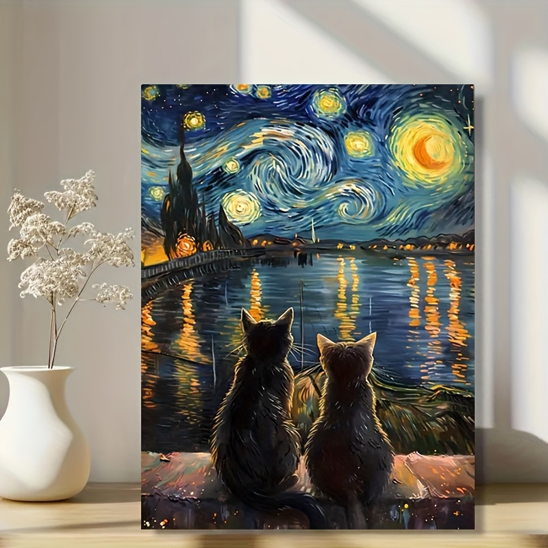 

Van Inspired Starry Canvas Art - 12x16" High- Print With Frame, Animal Theme Wall Decor For Living Room, Bedroom, Home Office, Oil Painting, Kitchen & Bathroom, Hotel & Cafe, Irregular Shape