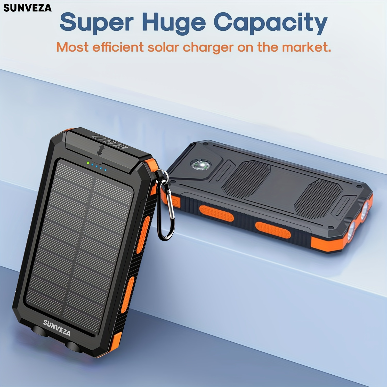 

36800mah Solar Charger - Dual 3.0, 5v3.1a Fast Charging, Built-in Flashlight, Portable Power Bank For All Phones And Devices - Orange Color,