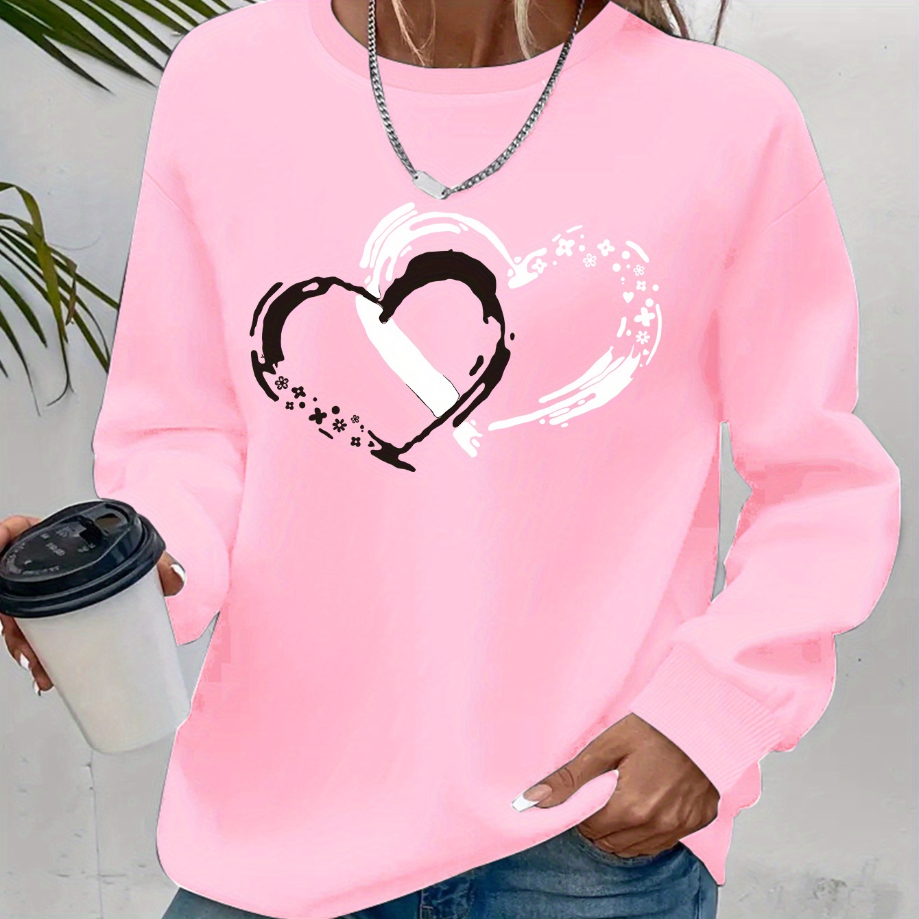 

Cartoon Hearts Sweatshirt, Autumn And Neck Velvet Casual Sweatshirt, Women's Clothing