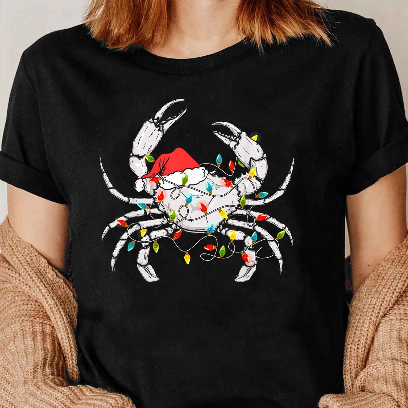 

Women's Festive Christmas Crab Print T-shirt - Casual Crew Neck, Short Sleeve, Polyester Top, Crab