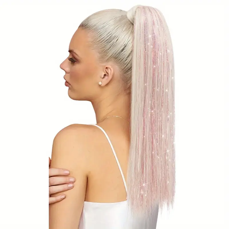 1pc wig piece fashion colorful ponytail golden and silvery low temperature fiber straight hair ponytail natural traceless synthetic straight hair braid details 8