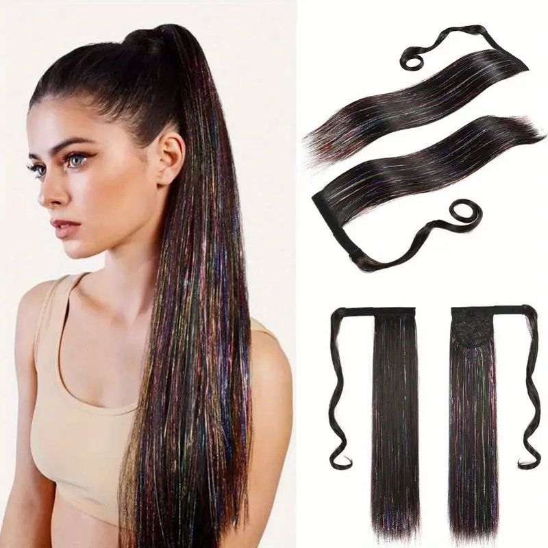 1pc wig piece fashion colorful ponytail golden and silvery low temperature fiber straight hair ponytail natural traceless synthetic straight hair braid details 3