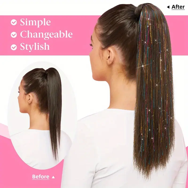 1pc wig piece fashion colorful ponytail golden and silvery low temperature fiber straight hair ponytail natural traceless synthetic straight hair braid details 5